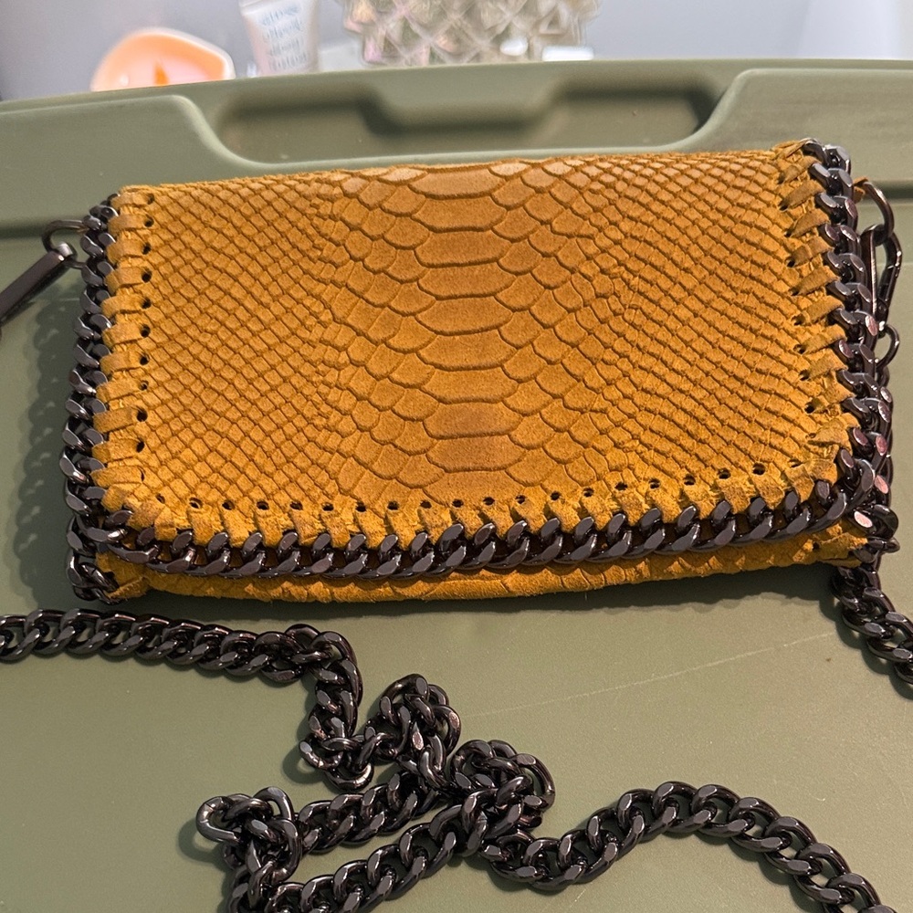 Chain-Trimmed Mustard YellowSnake Embossed Bag